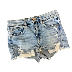 American Eagle Hi-Rise Shortie Light Wash Distressed Denim Shorts Lace Detail 6